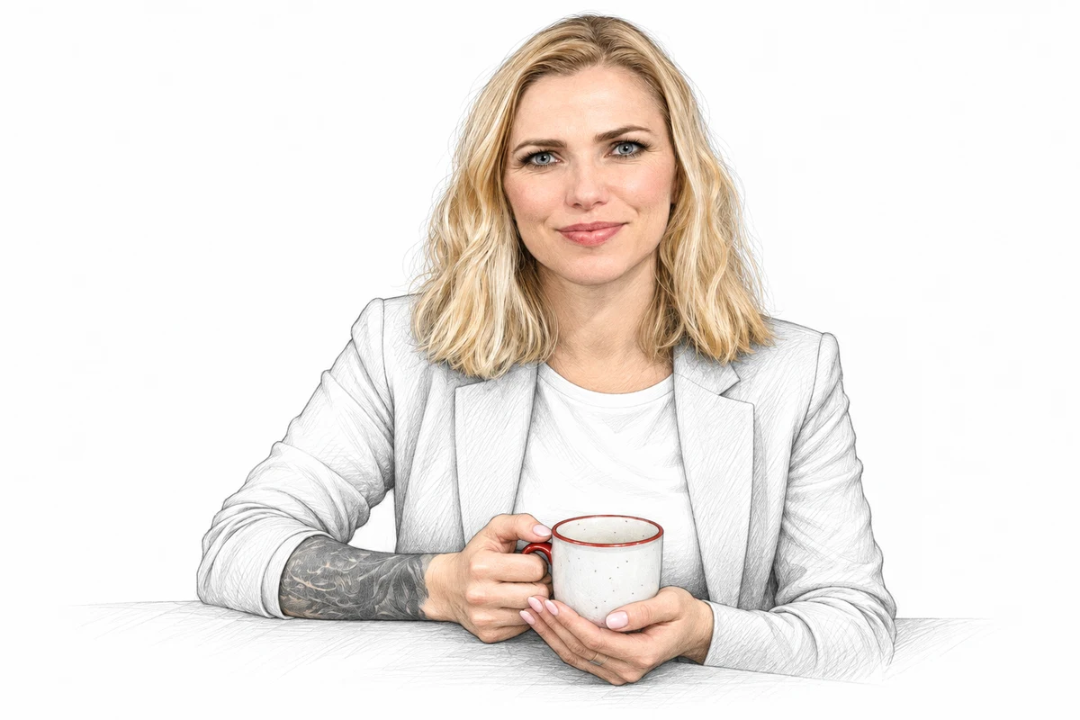 Rysunkowy portret Ani Barańskiej z filiżanką.