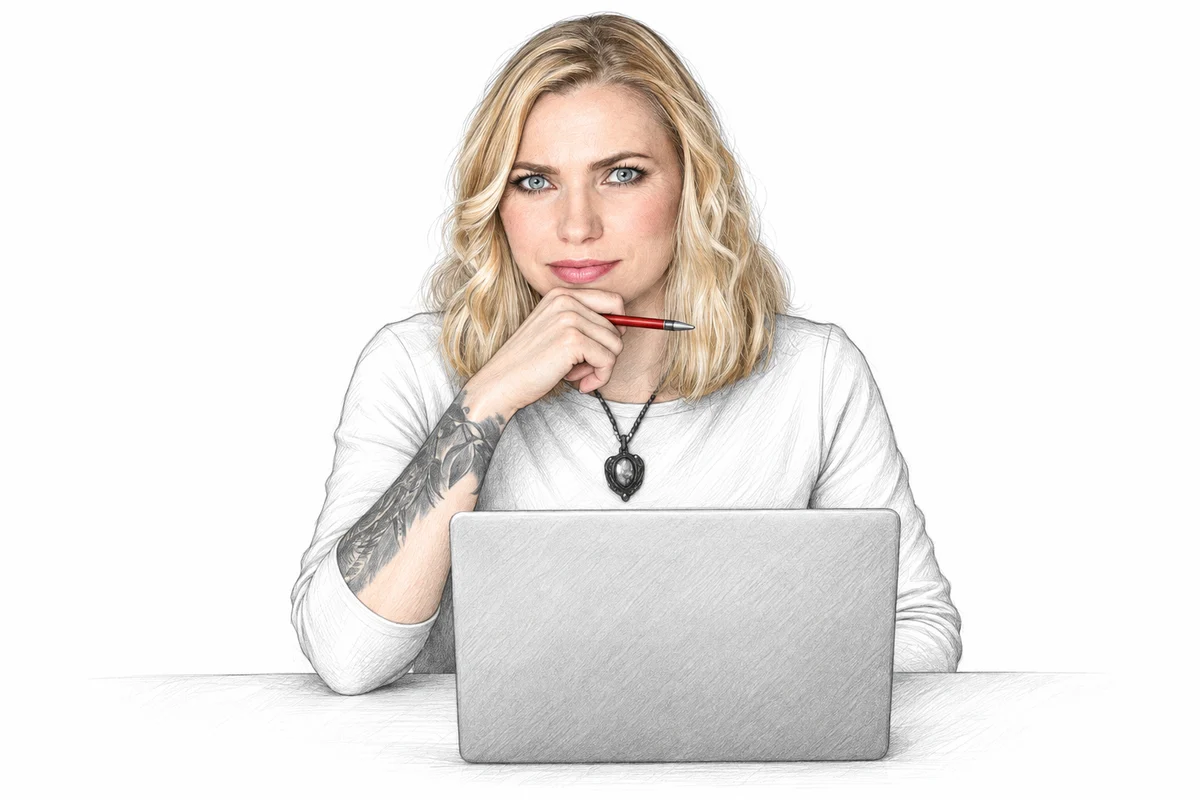 Rysunkowy portret Ani Barańskiej przy laptopie, z długopisem w dłoni.